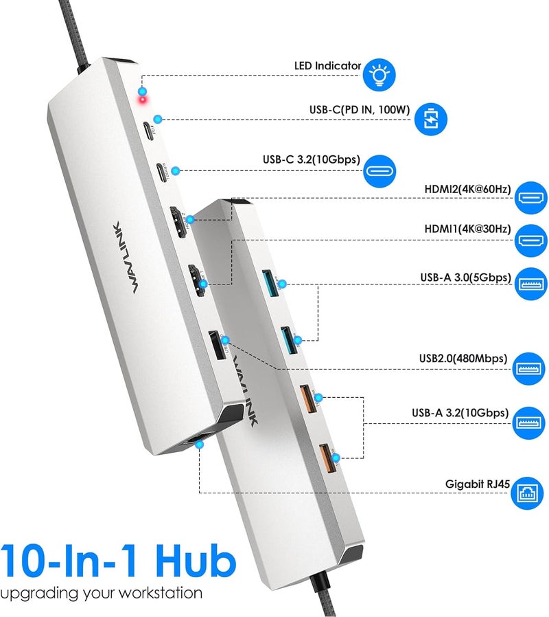 WAVLINK Laptop Docking Station, 10Gbps Docking Station with Dual HDMI, 100W PD in, 10Gbps USB-A/C 3.2, 5Gbps USB-A, USB2.0, Gigabit Ethernet for Dell/HP/Lenovo etc, Windows Systerm Computer Only - Image 2